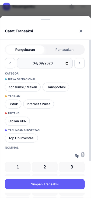 Form Catat Transaksi dengan pilihan kategori chip dan keypad